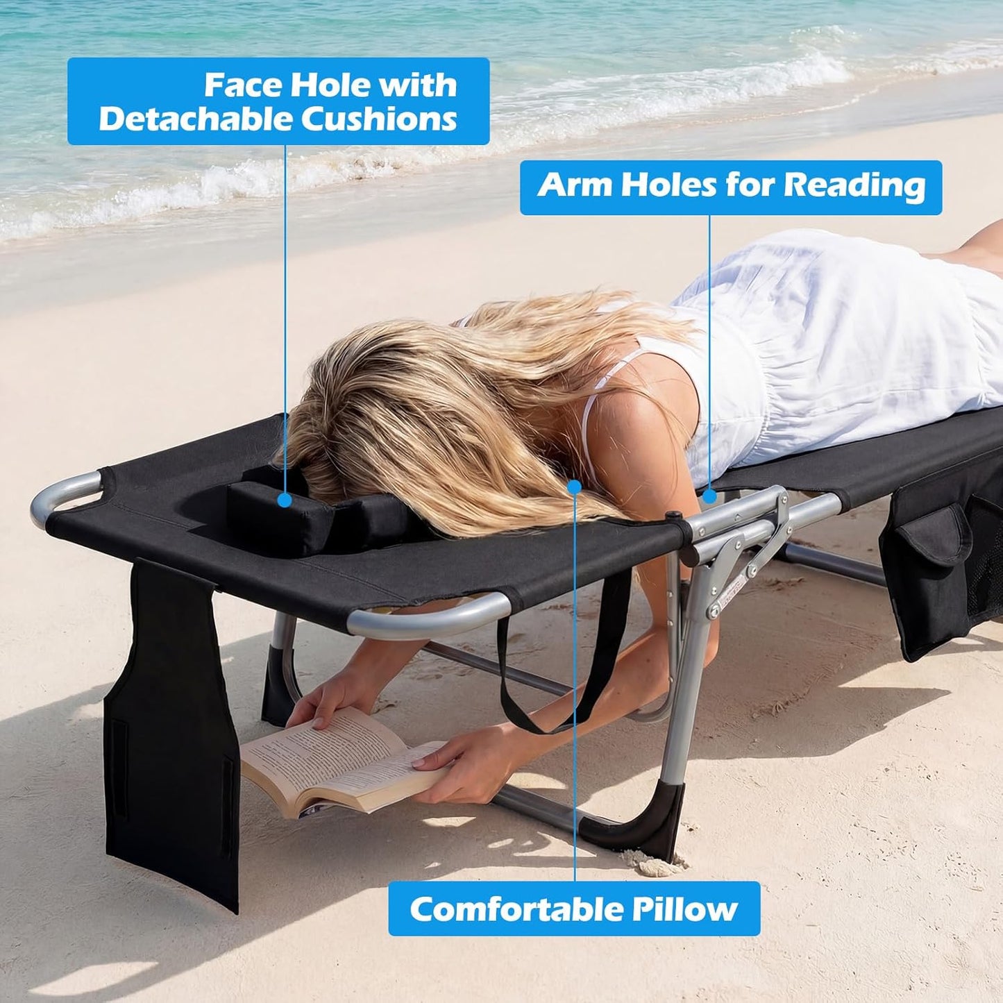 COSTWAY Tanning Chair with Face Hole, Folding Beach Lounge Chair with 4-Position Adjustable Backrest, Pillow & Side Pocket, Foldable Chaise Lounge Chair Outdoor for Sunbathing, Camping (1, Black)