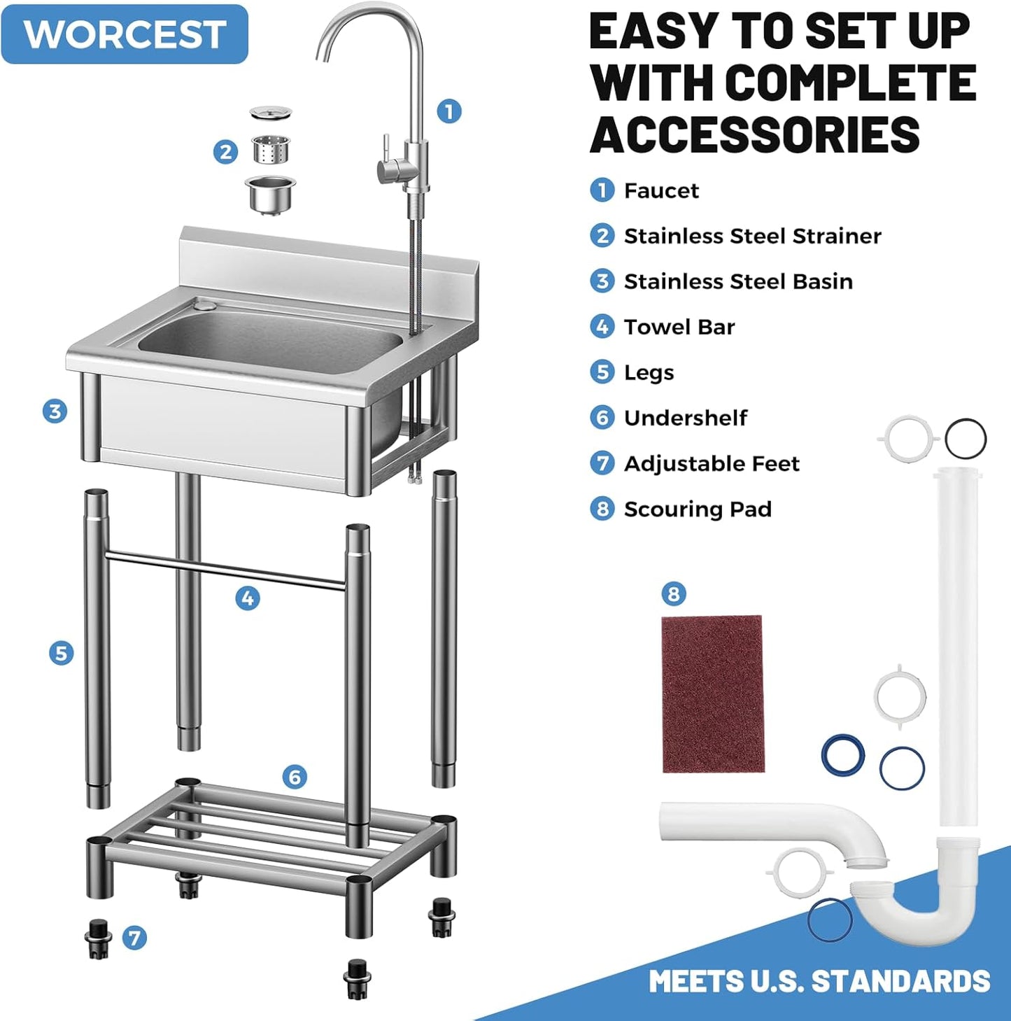 Utility Sink Free Standing Single Bowl Kitchen Sink with Cold and Hot Water Pipe Stainless Steel Sink for Garage Shop Laundry Room Basement Garden Farmhouse Mens Gifts Ourdoor Indoor fregadero