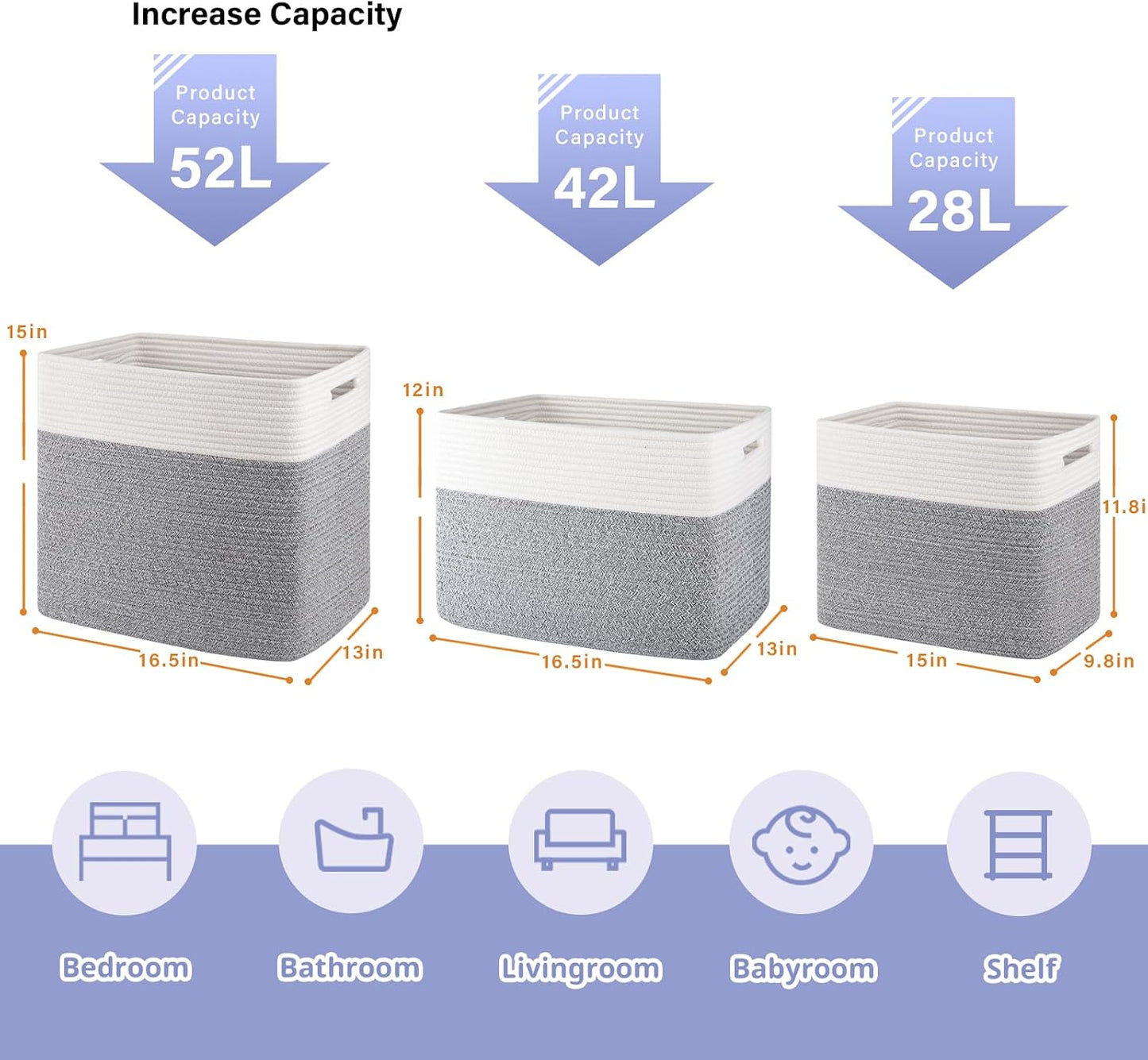 OIAHOMY 2 PACK Tall Storage baskets 30L Blanket Basket Living Room Grey | Large Collapsible Storage Bins Narrow Basket Baskets for Closet Organization Storage Baskets for Shelves Toy Storage Basket