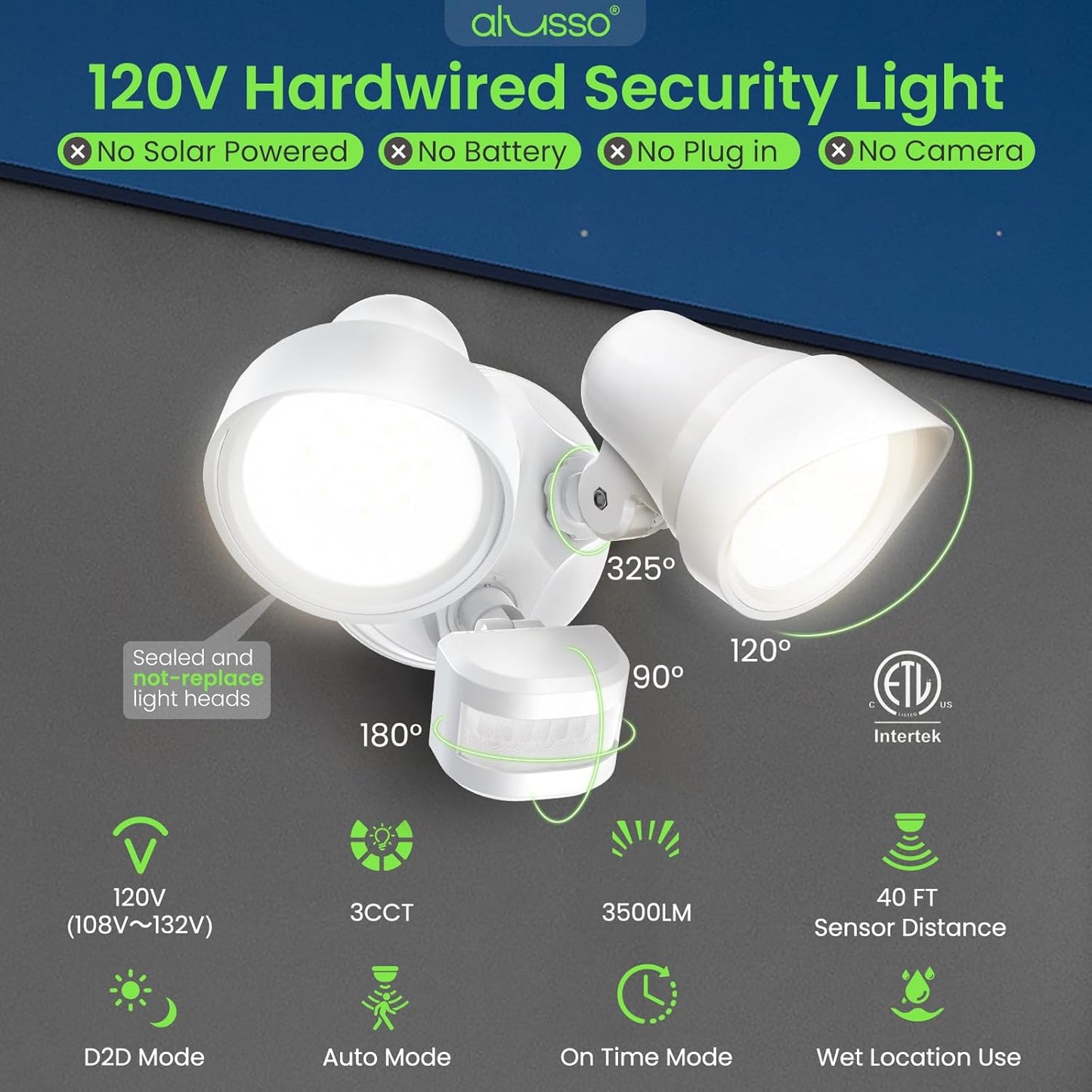ALUSSO Motion Sensor Outdoor Lights, 30W 3500LM Flood Lights Outdoor 120V, 3 Modes (Dusk to Dawn/Auto/On Time), 3CCT 3000K/4000K/6500K Waterproof Hardwired ETL Listed, Porch Flood Light, White 1PC