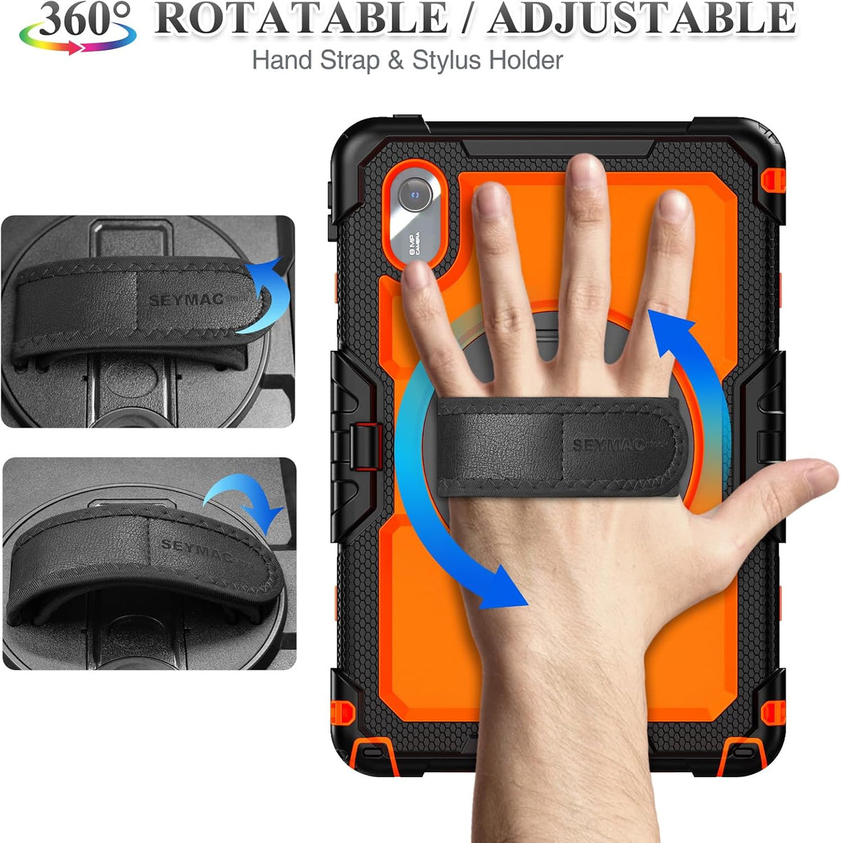 SEYMAC stock Tablet Case for Lenovo Idea Tab 11'' / M11 (TB336FU/TB330FU) 11 inch Drop-Proof Protection Cover with 360° Rotate Stand & Strap [Pen Holder] & Screen Protector 2025/2024, Orange+Black
