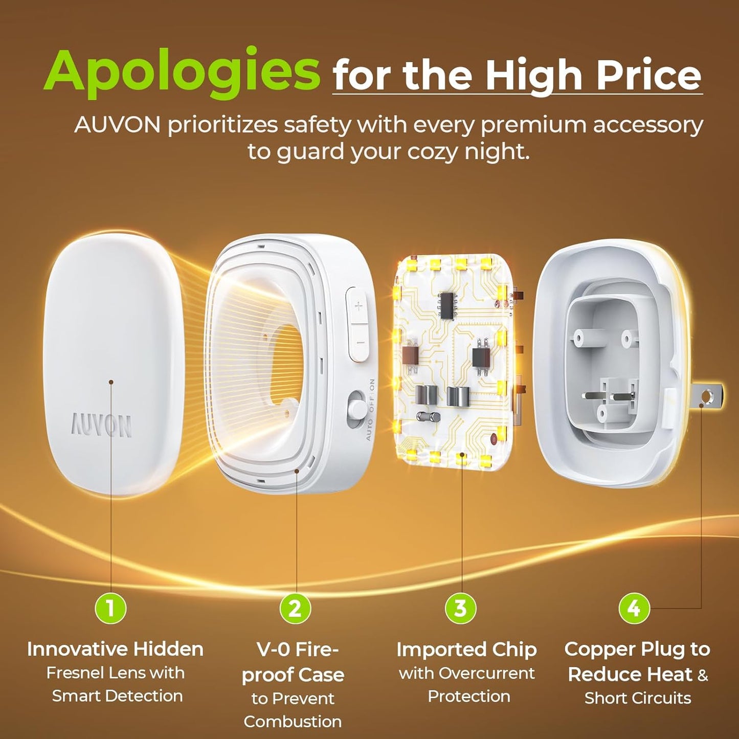 AUVON Plug-in LED Backlit Night Light with Motion Sensor & Dusk to Dawn Sensor, 2200K Soft Warm White Nightlight with 1-50lm Dimmable Brightness for Adults & Kids' Bedroom, Bathroom, Hallway (4 Packs)