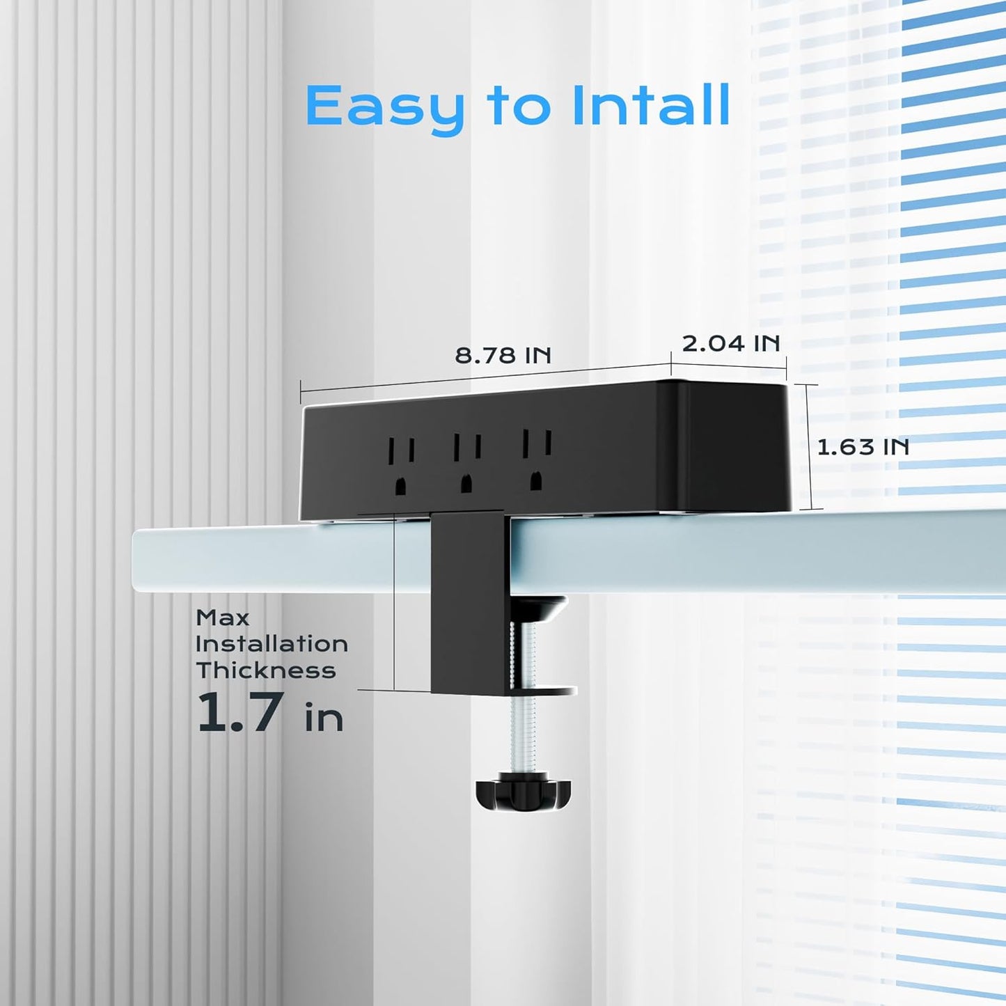 Flat Plug Desk Clamp Power Strip 10FT, 40W Total Fast Charging Station, Dual PD 20W USB C Ports, Desk Edge Mount Power Strip 9 AC Outlets 8 USB Ports(4 USB C), Fit 1.7" Tabletop Edge