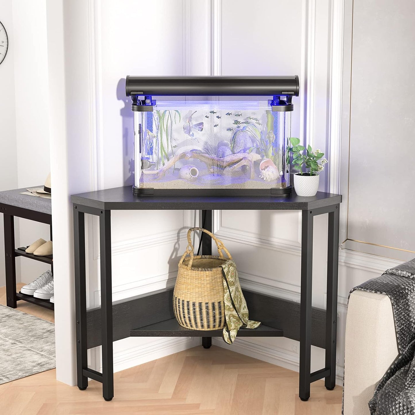 Armocity Corner Desk Small Desk with Outlets Corner Table for Small Space, Computer Desk with USB Ports Triangle Desk with Storage for Home Office, Workstation, Living Room, Bedroom, Black