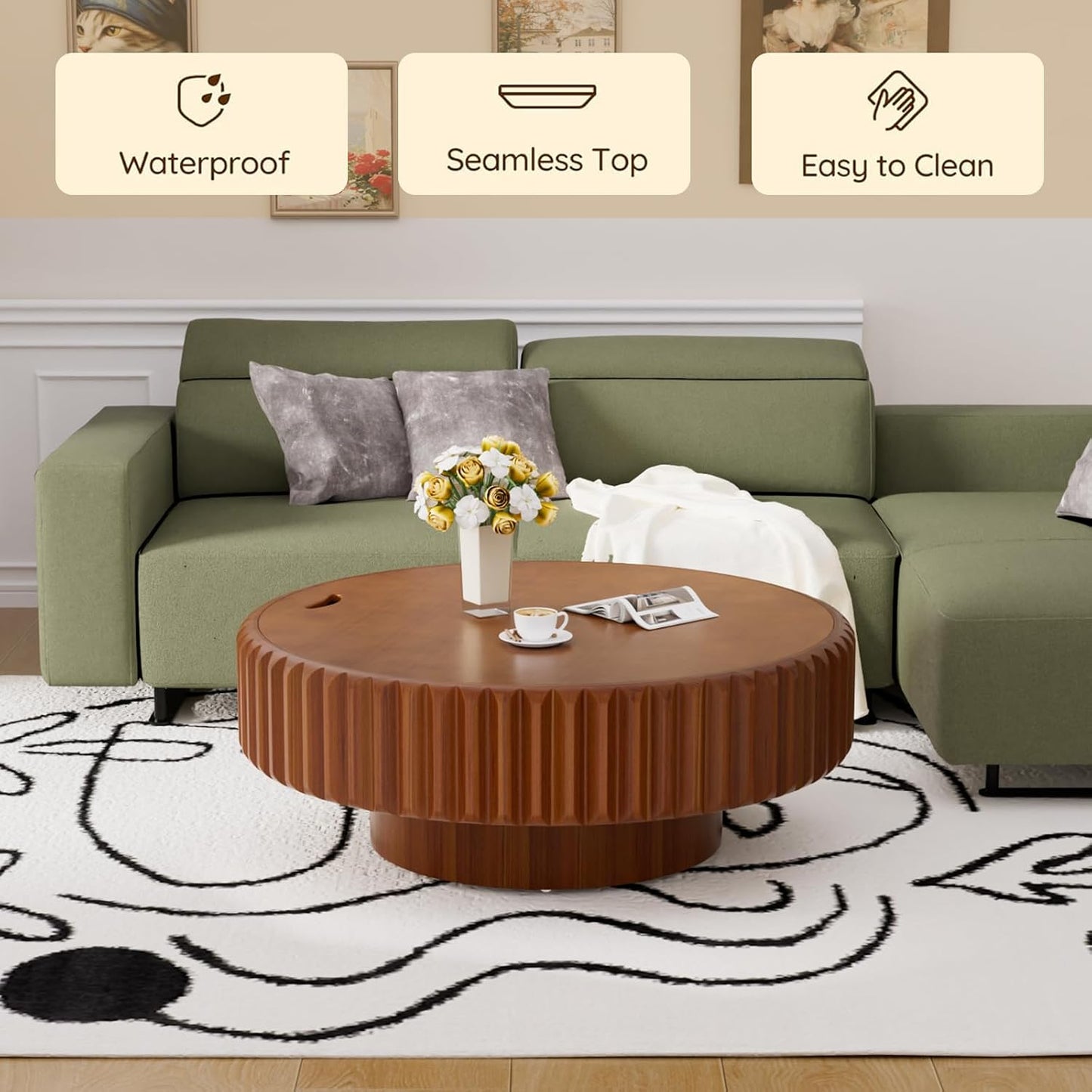 31.5'' Round Coffee Table with Storage for Living Room, Modern Circle Drum Fluted Coffee Table with Wood Veneered Circle Center Tables for Small Space Apartment (A31.5IN)