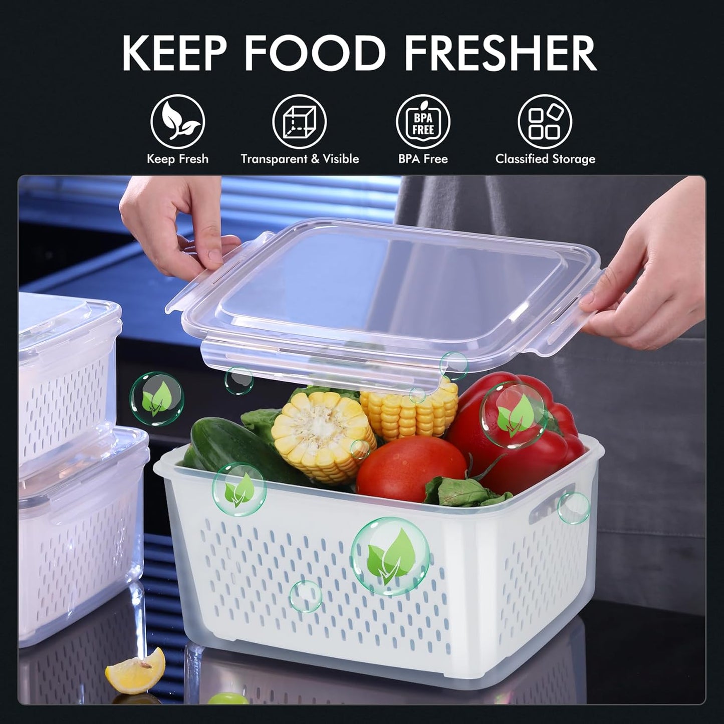 HOTEC 4-Pack Large Fruit Storage Container for Fridge Leak proof with Removable Colander, BPA Free Dishwasher & microwave safe Largest 3.15L