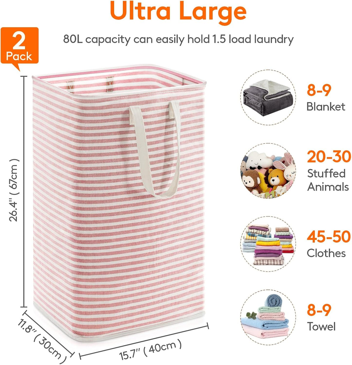 Lifewit 80L Large Laundry Baskets, 2 Pack, Reinforced Handles, Pink&Blue