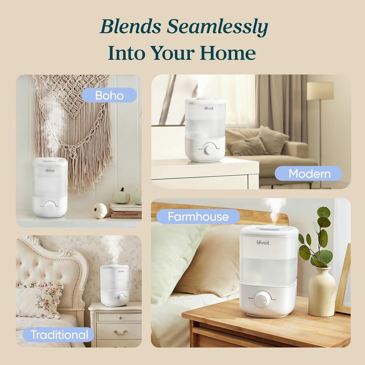 LEVOIT Top Fill Humidifiers for Bedroom, 2.5L Tank for Large Room, Easy to Fill & Clean, 28dB Quiet Cool Mist Air Humidifier for Home Baby Nursery & Plants, Auto Shut-off for Safety, 25H