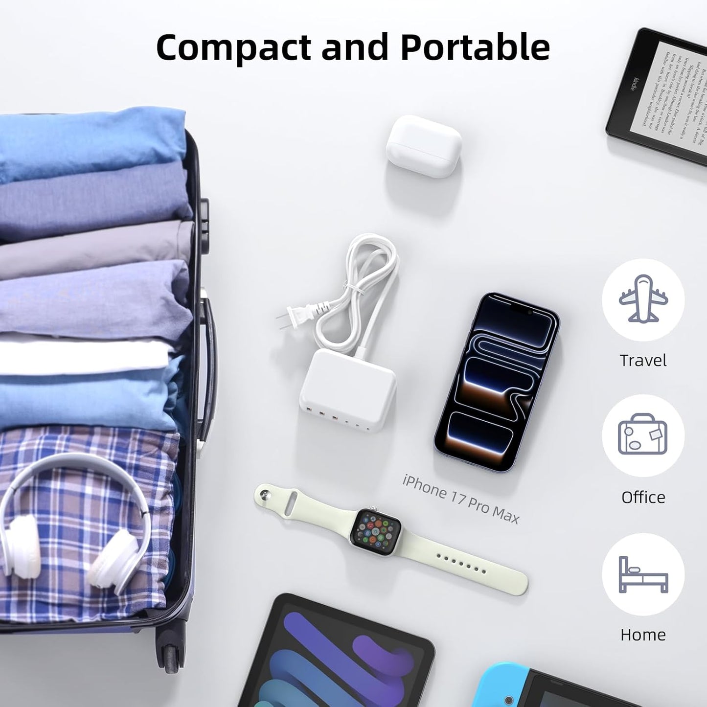 6 in 1 USB Charger, 50% Smaller Charging Station for Multiple Devices, 100W Fast Charging Blocks with Type C Ports, USB Charging Hub Organizer Multiport Power Strip for iPhone, Ipad, Kindle, Travel