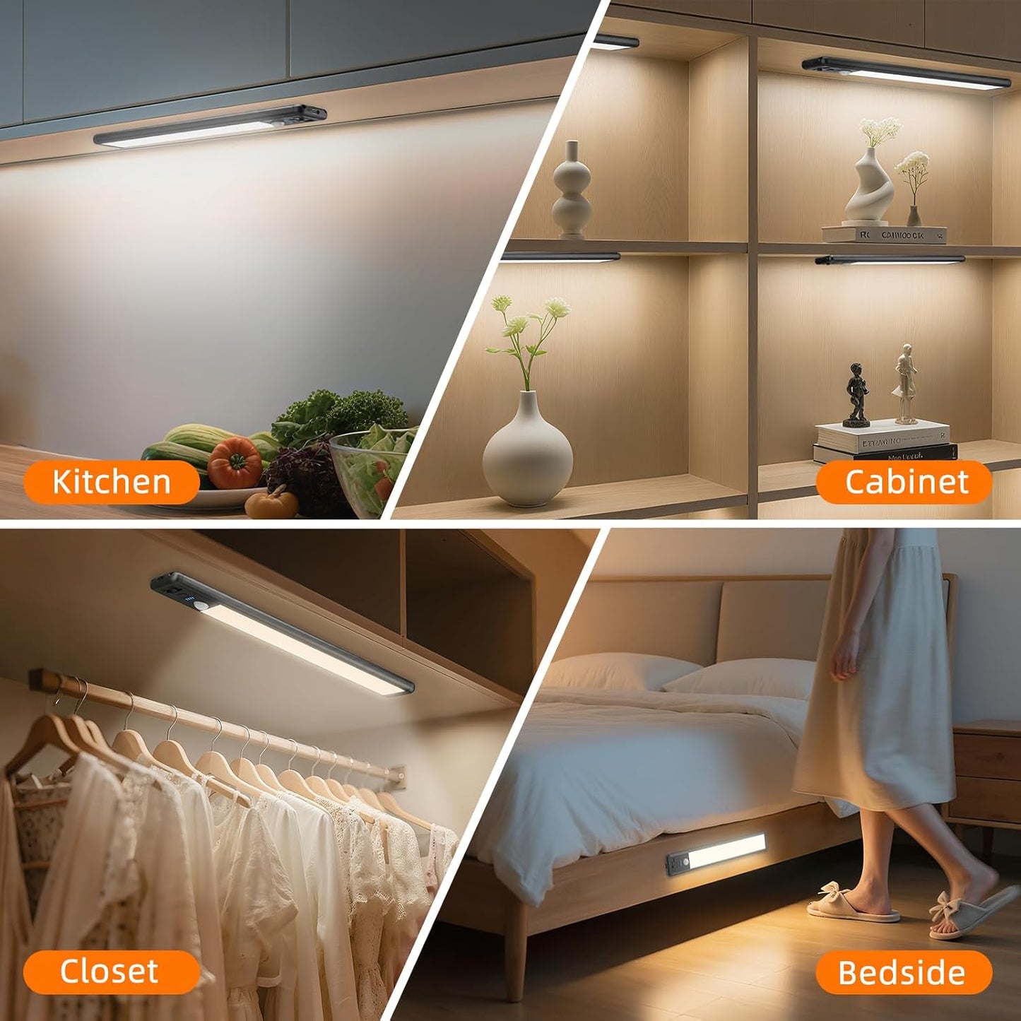 Under Cabinet Lighting Wireless, Rechargeable 10inch Motion Sensor Light Indoor, 3 Color Closet Light Battery Operated with LED Power Display, Magnetic Under Counter Lights for Kitchen (3Pack-Black)