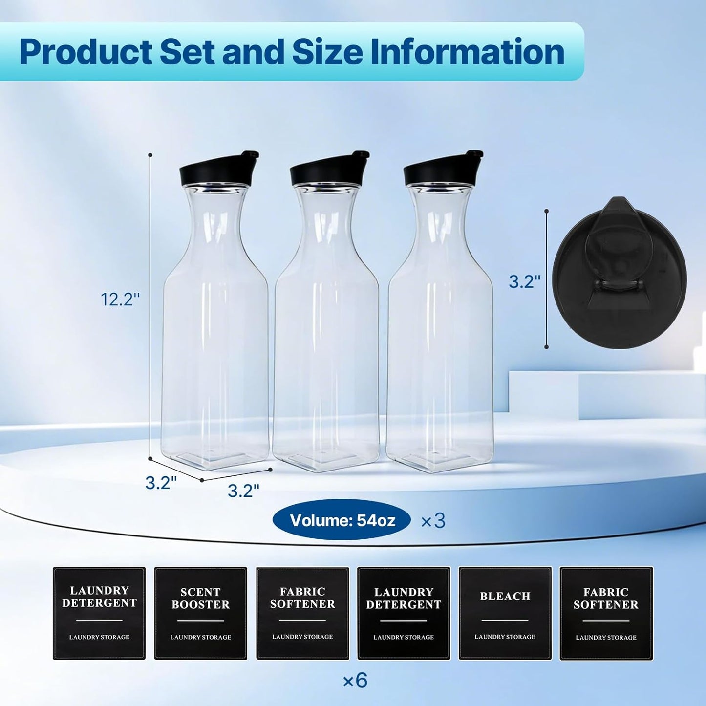 3 Pack Laundry Detergent Dispenser, Laundry Soap & Fabric Softener Dispenser, 54oz Laundry Detergent Containers, Laundry Room Organization and Storage Plastic Bottle for Scent Booster, Powder, Bleach