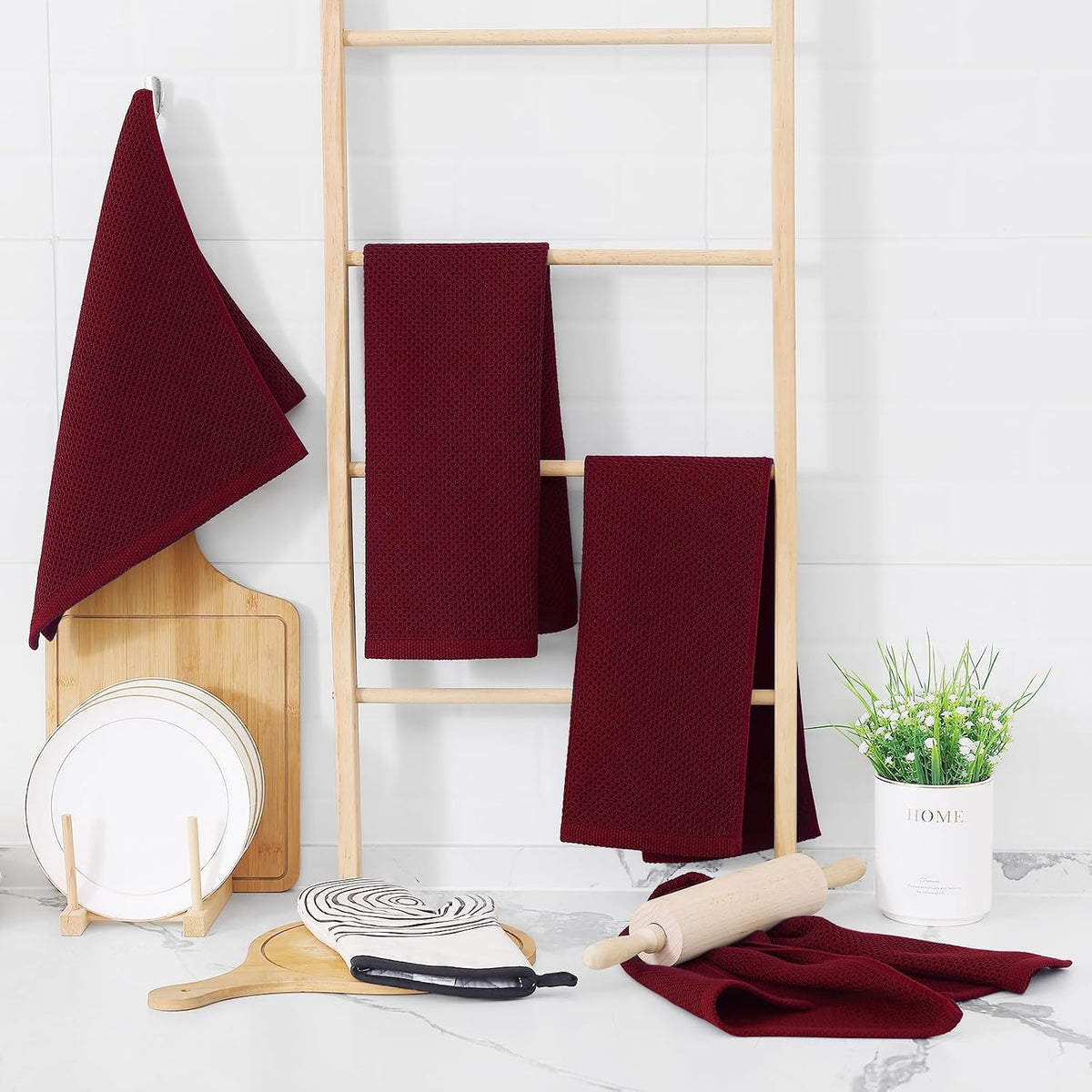 Homaxy 100% Cotton Waffle Weave Kitchen Dish Towels 12-Pack, Burgundy