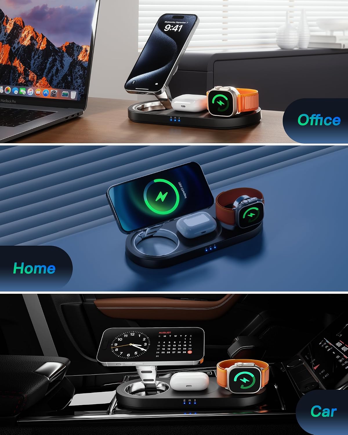 Foldable 3 in 1 Wireless Charging Station for Apple Mag-Safe Charger Stand | Fast Magnetic Wireless Charger Station for iPhone 17 Air 16 15 14 13 12, Apple Watch, AirPods Pro/4/3/2, and More (Black)