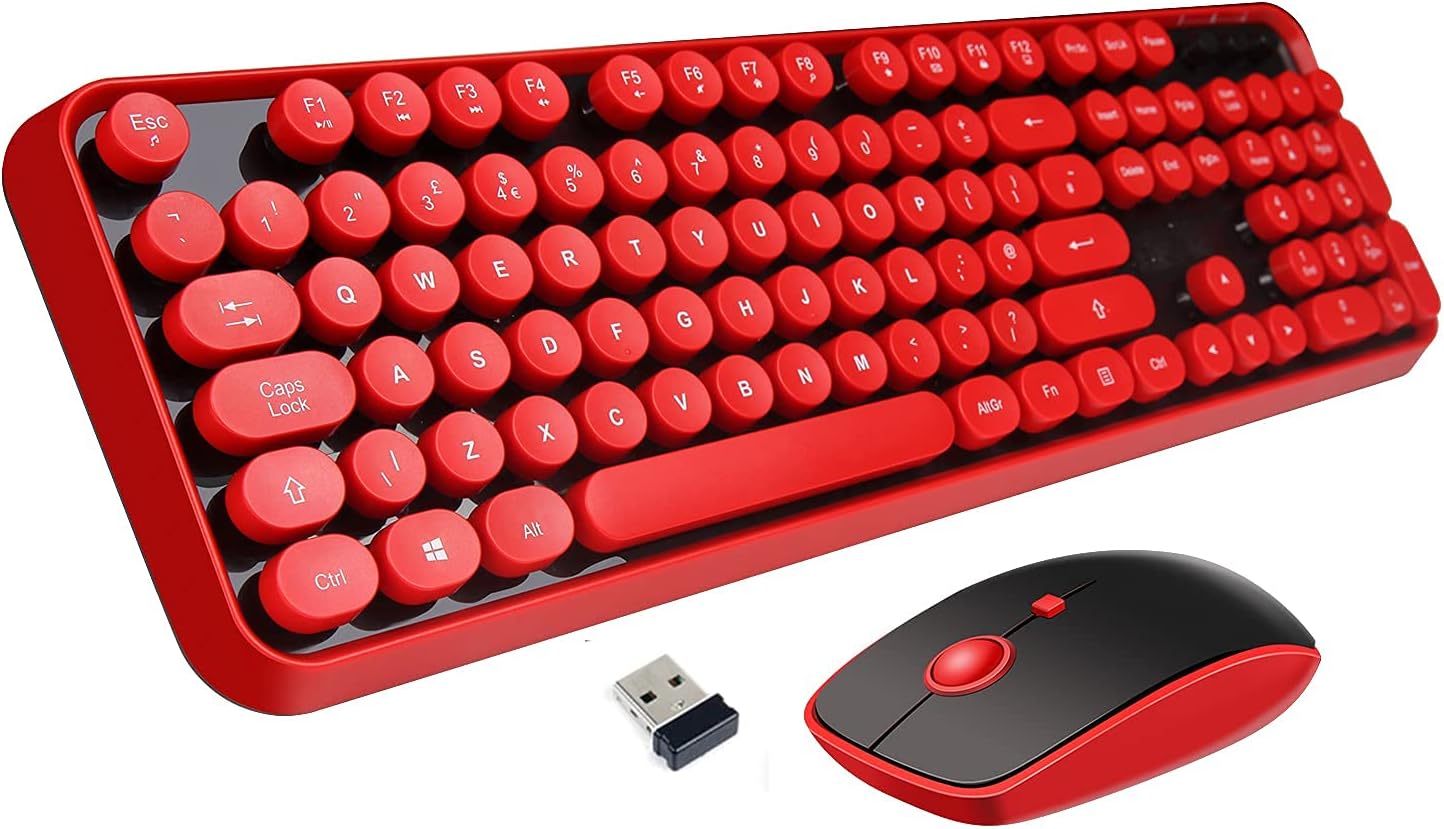 Red Wireless Keyboard and Mouse Combo, Retro Typewriter Style Round Key Keyboard with Bubble Keycaps, 2.4GHz Creamy Clicky Aesthetic Full Size Keyboard with Number Pad for PC Laptop Desktop