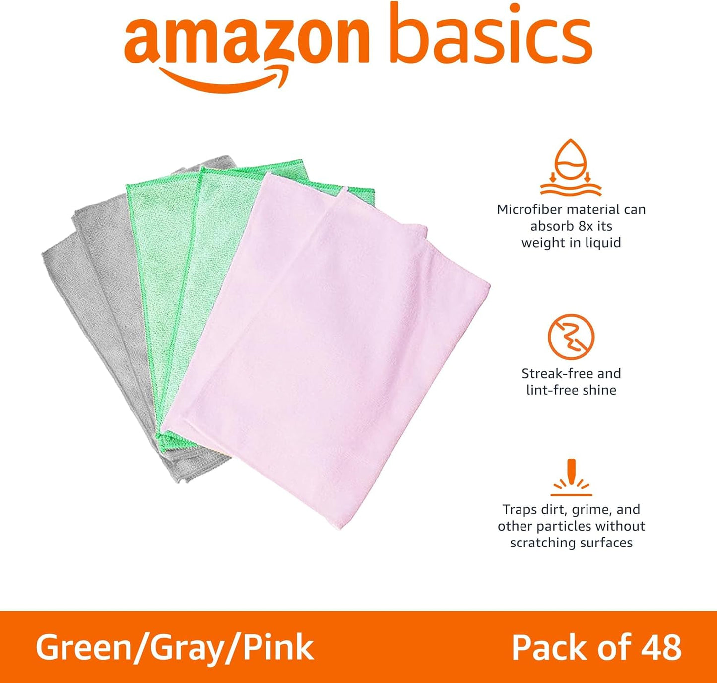 Amazon Basics Microfiber Cleaning Cloths, Ultra Absorbent, Scratch-Free, Non-Abrasive, Reusable and Washable, 16" x 12", Green/Gray/Pink, 48-Pack