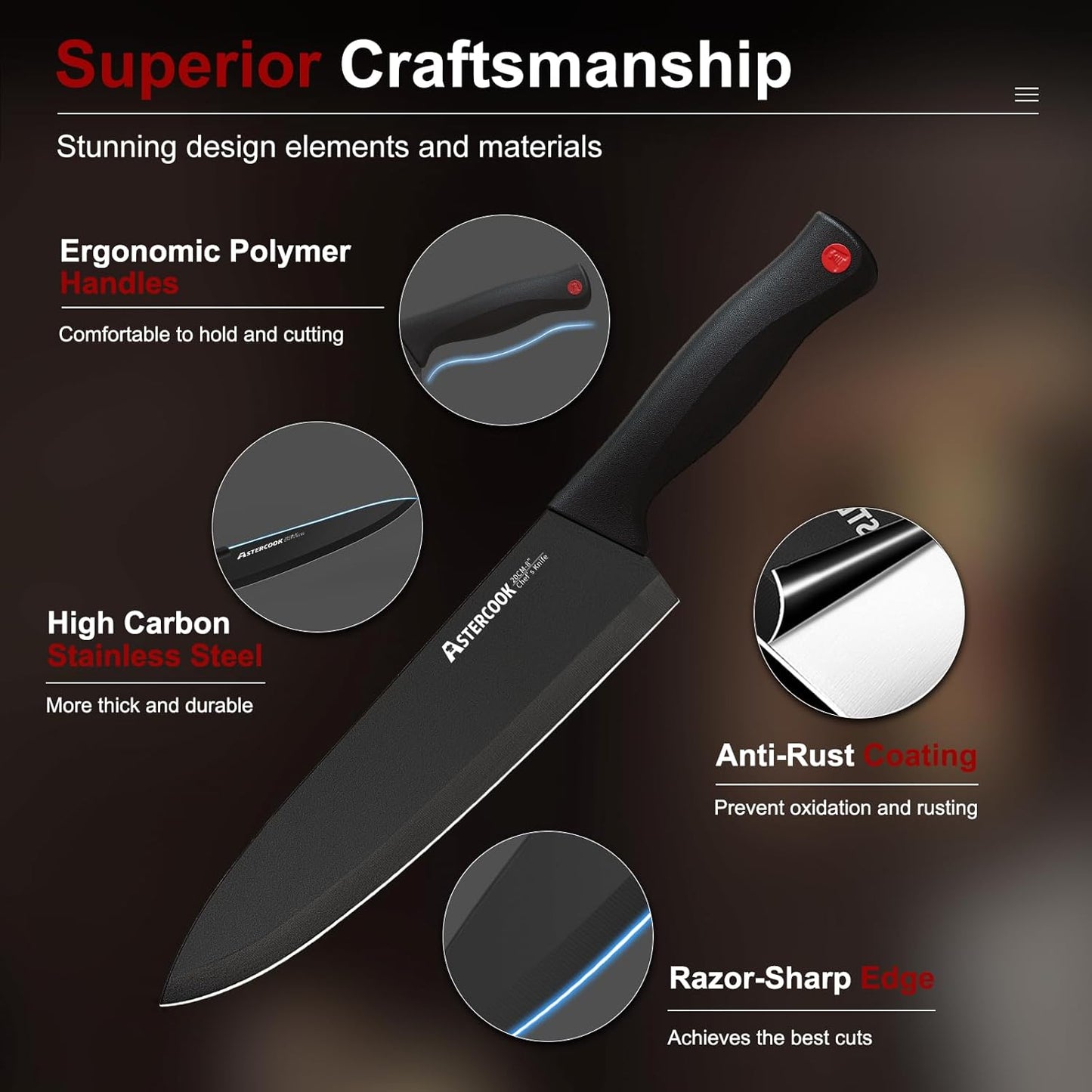 Knife Set, Astercook 15 Pieces Knife Sets for Kitchen with Block, Dishwasher Safe Kitchen Knife Set with Built in Sharpener Block, German Stainless Steel Kitchen Utensils Set