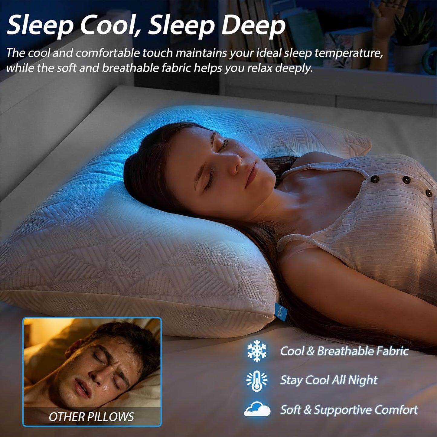 BETU Cooling Pillow Queen Size, Shredded Memory Foam Pillow for Hot Sleepers, Adjustable Firm Soft Support Pillows, Cool Bed Pillows for Side Back Stomach Sleeping Sleepers, gifts for boyfriend, White