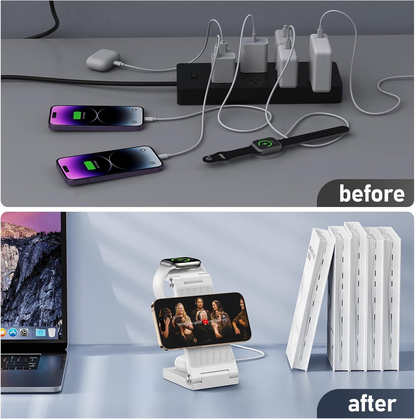 Magnetic Wireless Charger Stand, 3 in 1 Foldable Wireless Charging Station with 20W Adapter, Travel Charger for Multiple Devices for iPhone 16 15 14 13 12 Pro/Max/Plus/Mini, iWatch, AirPods