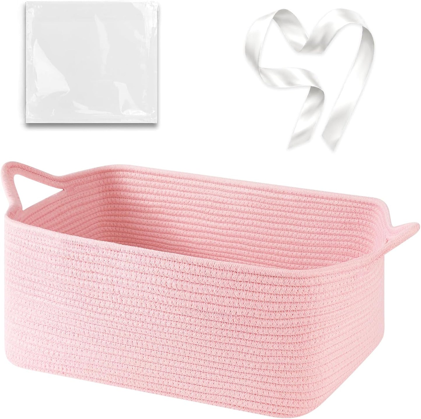 OIASKET Large Empty Cotton Rope Gift Basket with Handles, 16.5"x12.6"x7" Decorative Woven Storage Basket with Gift Bag and Ribbon Set for Baby Shower, Toy Organizer for Kids, Dogs & Cats - Pink