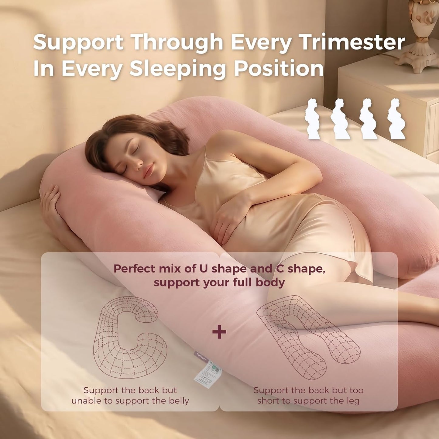 Momcozy Pregnancy Pillows for Sleeping, U Shaped Full Body Maternity Pillow with Removable Cover - Support for Back, Legs, Belly, HIPS for Pregnant Women, 57 Inch Pregnancy Pillow, Cotton Pink