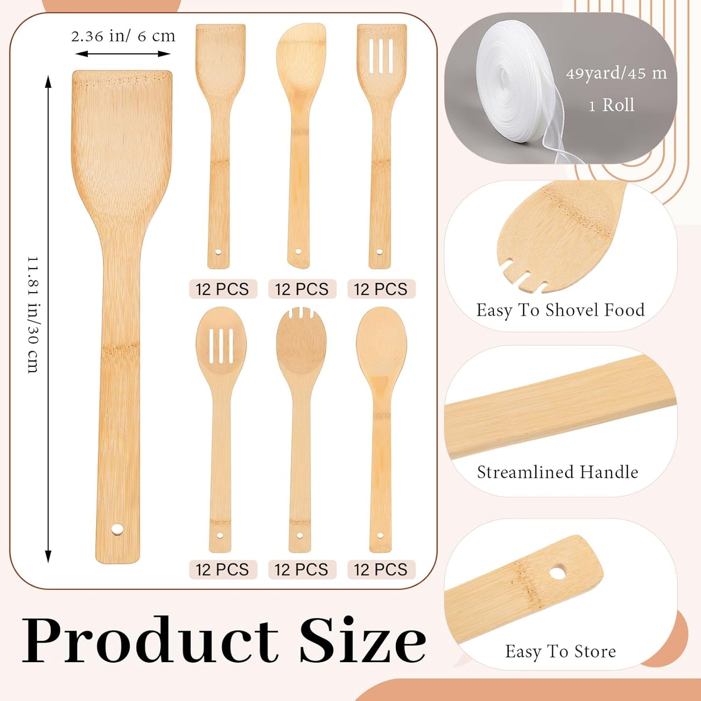 Reallnaive 72 Pcs Bamboo Spatula Wooden Kitchen Utensil Bulk 12''wood Spoon Spatula for Cooking with Ribbon Bridal Baby Shower Game Prize Wedding Party Favors Housewarming Gift (Various Style)