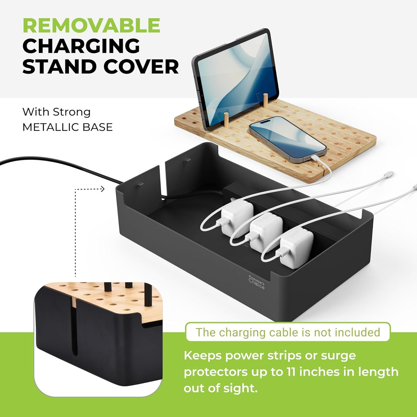 Prosumer's Choice Bamboo Charging Station for Multiple Devices - Wood Device Dock, Organizer Suitable Apple & Android Cell Phone, Tablet, iPad Cables Not Included, Metal & Bamboo Black