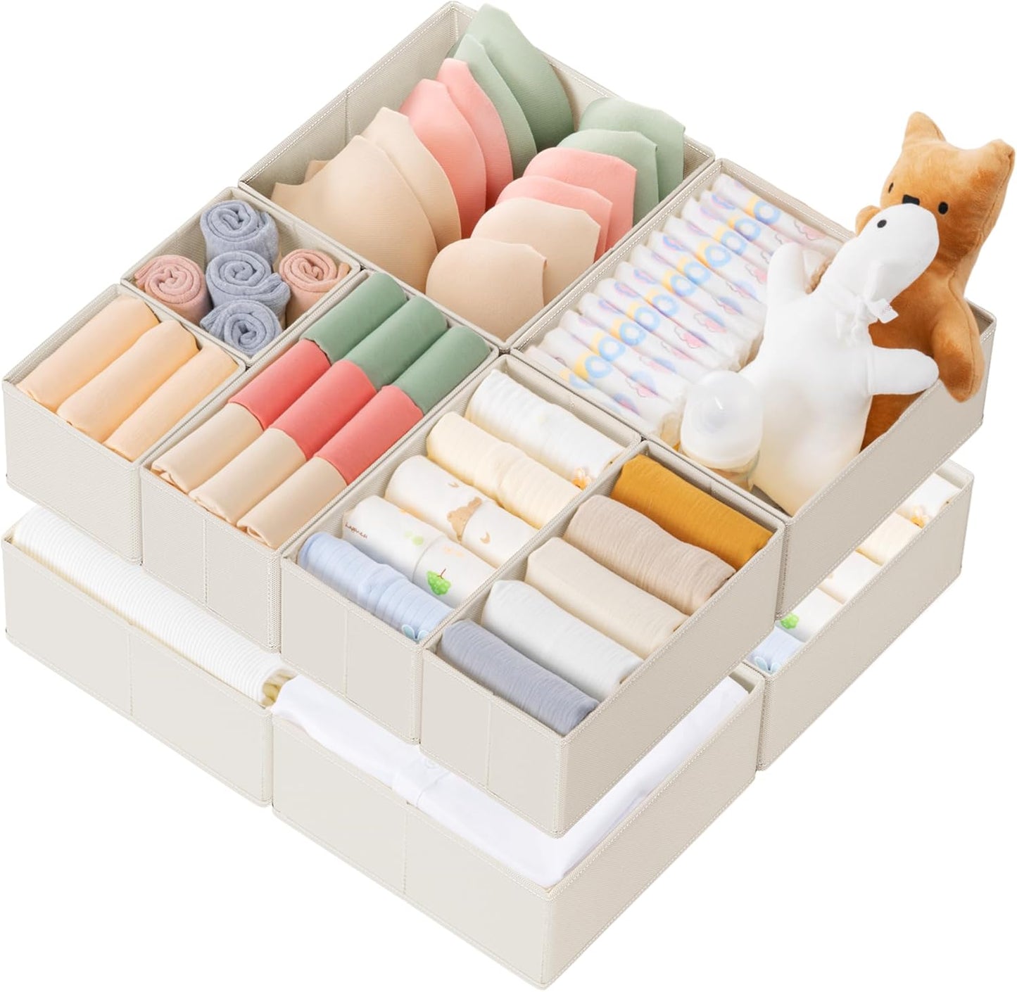 Criusia Drawer Organizer Clothes, 10 Pack Dresser Organizer for Baby Clothes, Underwear, Sock- Foldable Closet Organization and Storage Dividers Bins for Nursery, Bedroom (Oatmeal)