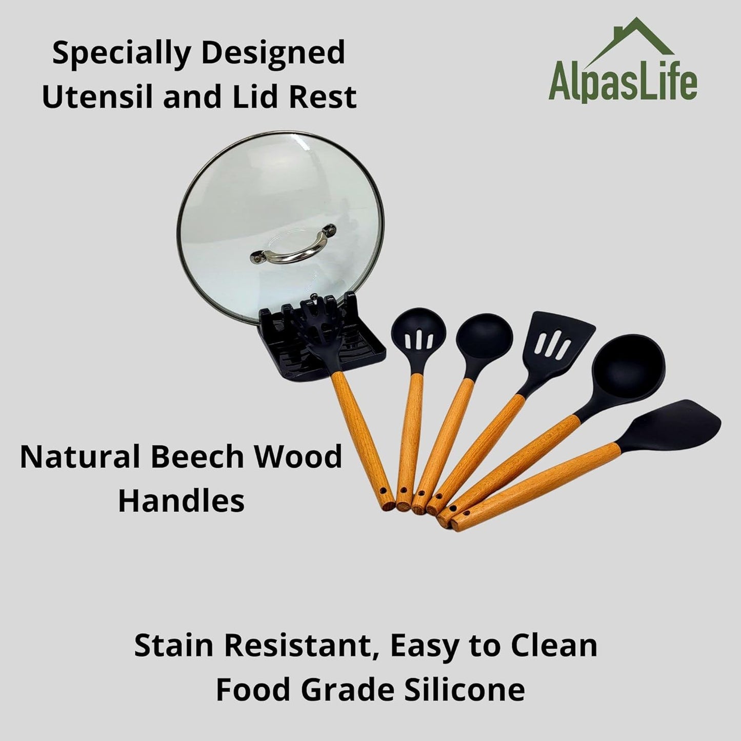 Complete Kitchen Essentials Set - Silicone & Wood Utensils, Spoon Rest, Utensils Holder, Non-Stick Baking Mats & Grilling Mats, Mini Oven Mitts, Combo Cutting Board & Dish Drying Pad
