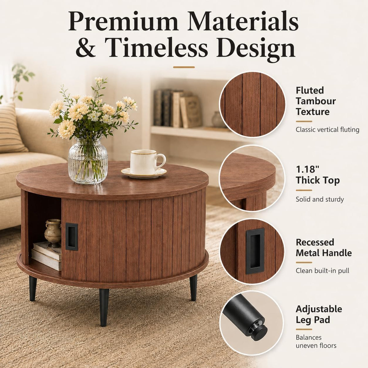 ARTPOWER 31.5" Round Coffee Table with Storage Mid Century Brown Walnut