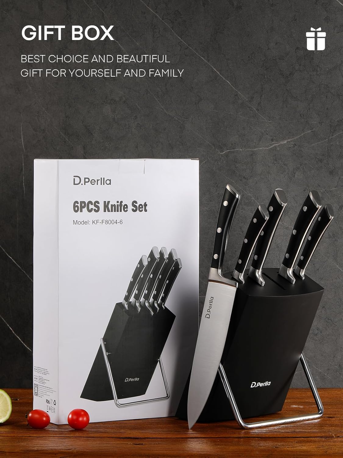 Knife Set, D.Perlla 6 Pieces Small Kitchen Knife Set with Block, German Stainless Steel Knives Set, Sharp Chef Knife Block Set, Black