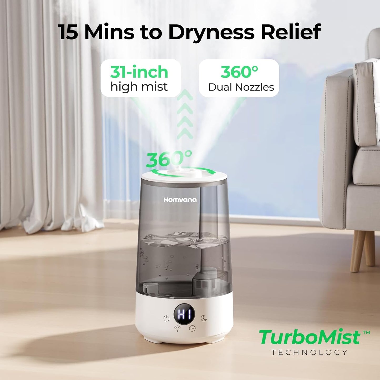 Homvana Humidifiers for Bedroom Home, 3.6 L Cool Mist Top-Fill 34H Super Long Time, Quiet 23dB, Baby Humidifier, Oil Diffuser for Large Room, House, Plant, Nursery, Office, BPA FREE, Ultrasonic (Grey)