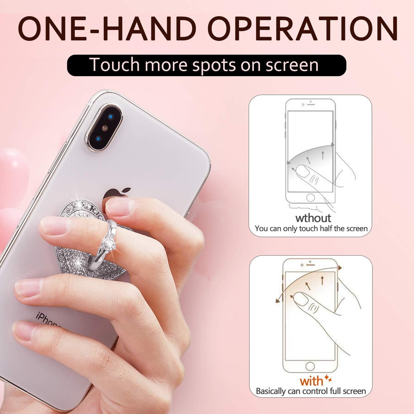 Cell Phone Finger Ring Stand with Sparkly Diamond, Nsiucion Heart Phone Ring Kickstand Holder [Washable] [Removable], 360°Rotation Zinc Alloy Ring Grip Stand for All Phones and Tablets (Silver)