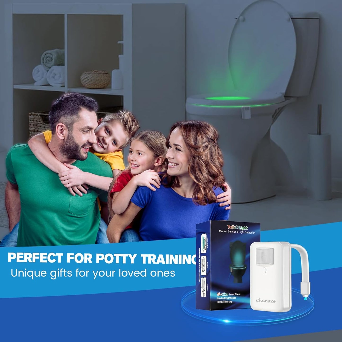 Chunace 2 Pack Toilet Night Light Motion Sensor, 16-Color LED Toilet Bowl Nightlight for Bathroom, Useful Stuff for Senior Safety & Toddler Potty Training, Unique Gift for Dad, Men