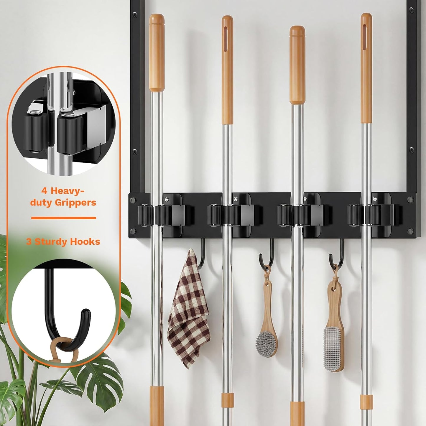 Broom Holder Wall Mount with Shelf Load 66LBS Broom and Mop Organizer Wall Hanging Broom Hanger with 4 Mop Hanger Grippers, 3 Hooks for Laundry Room, Garage, Utility Closet, Kitchen, 1 Pack