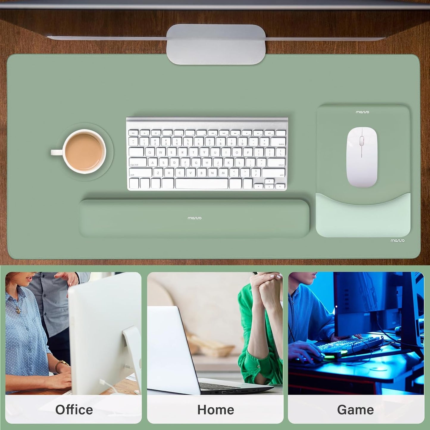 MOSISO Keyboard Mouse Pad Set, Large Gaming Mouse Pad&Rectangular Keyboard Wrist Rest&Mousepad with Wrist Rest&Coaster, Ergonomic Non-Slip&Easy Typing Pad with Curved Silicone Lining, Antique Green