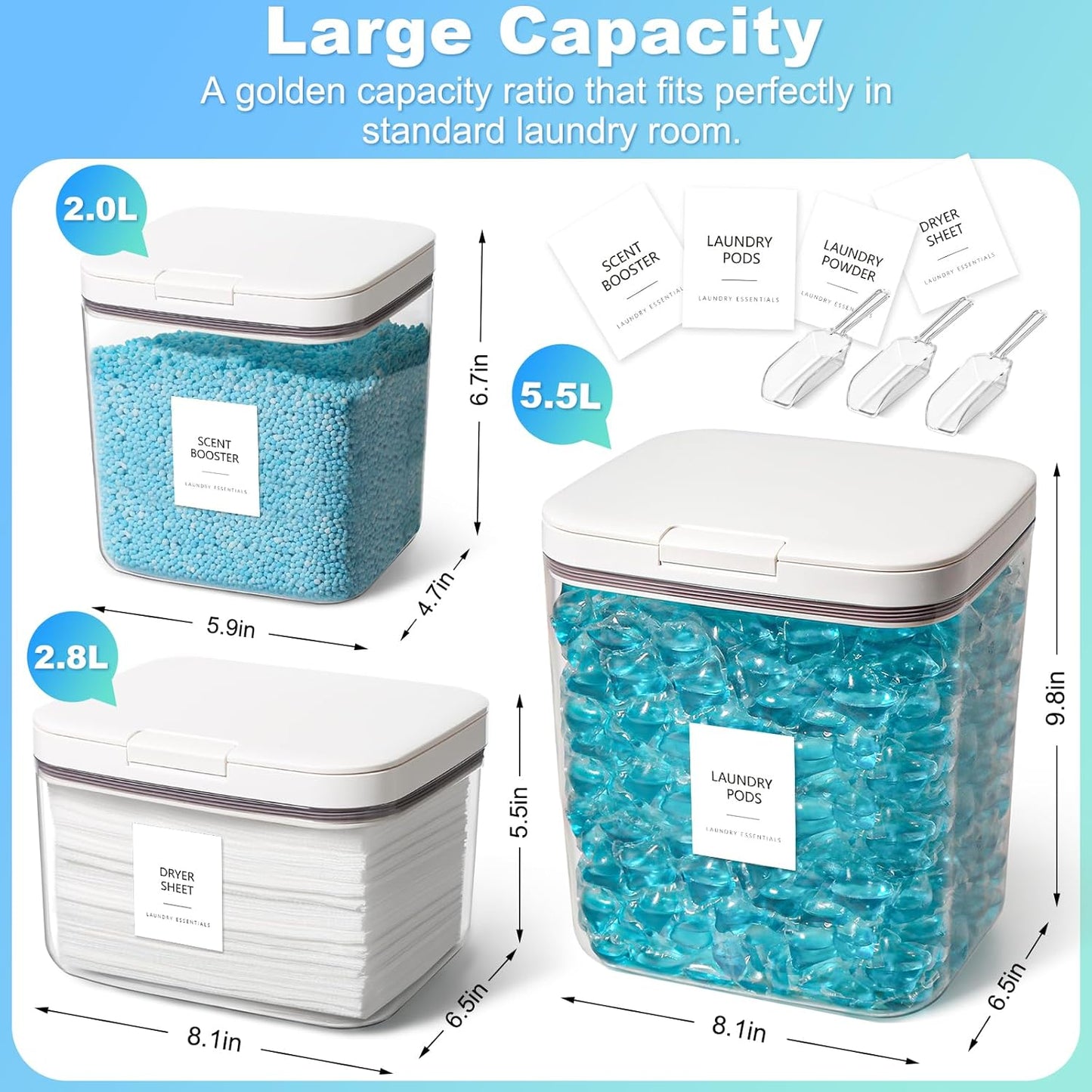 3 Pack Laundry Pods Container, Holder Dispenser for Laundry Room Organization Decor, for Storage, Dishwasher Pods, Scent Booster, Dryer Sheet, 152+94+67fl oz with Lids, Scoops & Labels