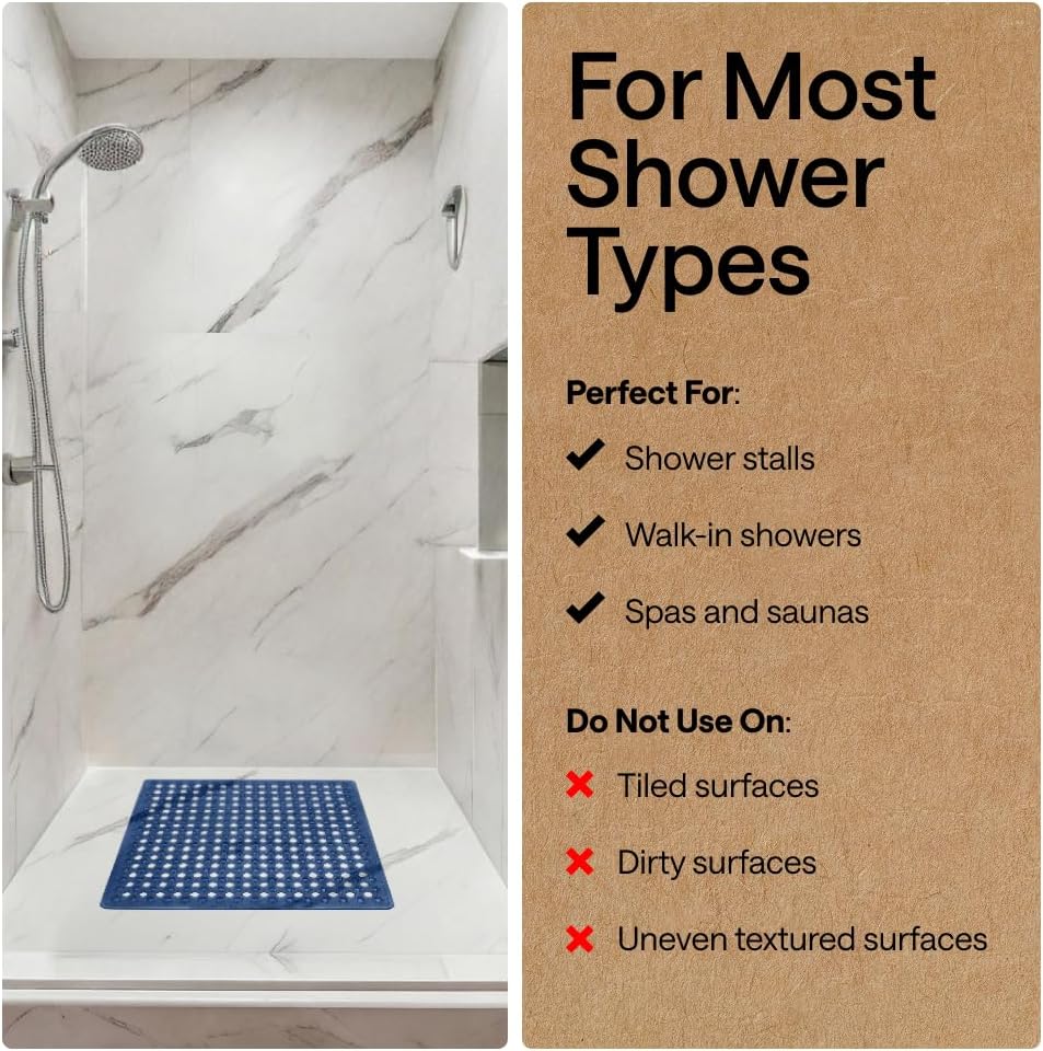 GORILLA GRIP Patented Square Shower Stall Mat, Small Bathtub Floor Mats for Stand Up Showers, Suction Cups and Drainage Holes, Machine Wash, Soft on Feet, Bathroom Accessories 21x21 Inch, Navy Blue
