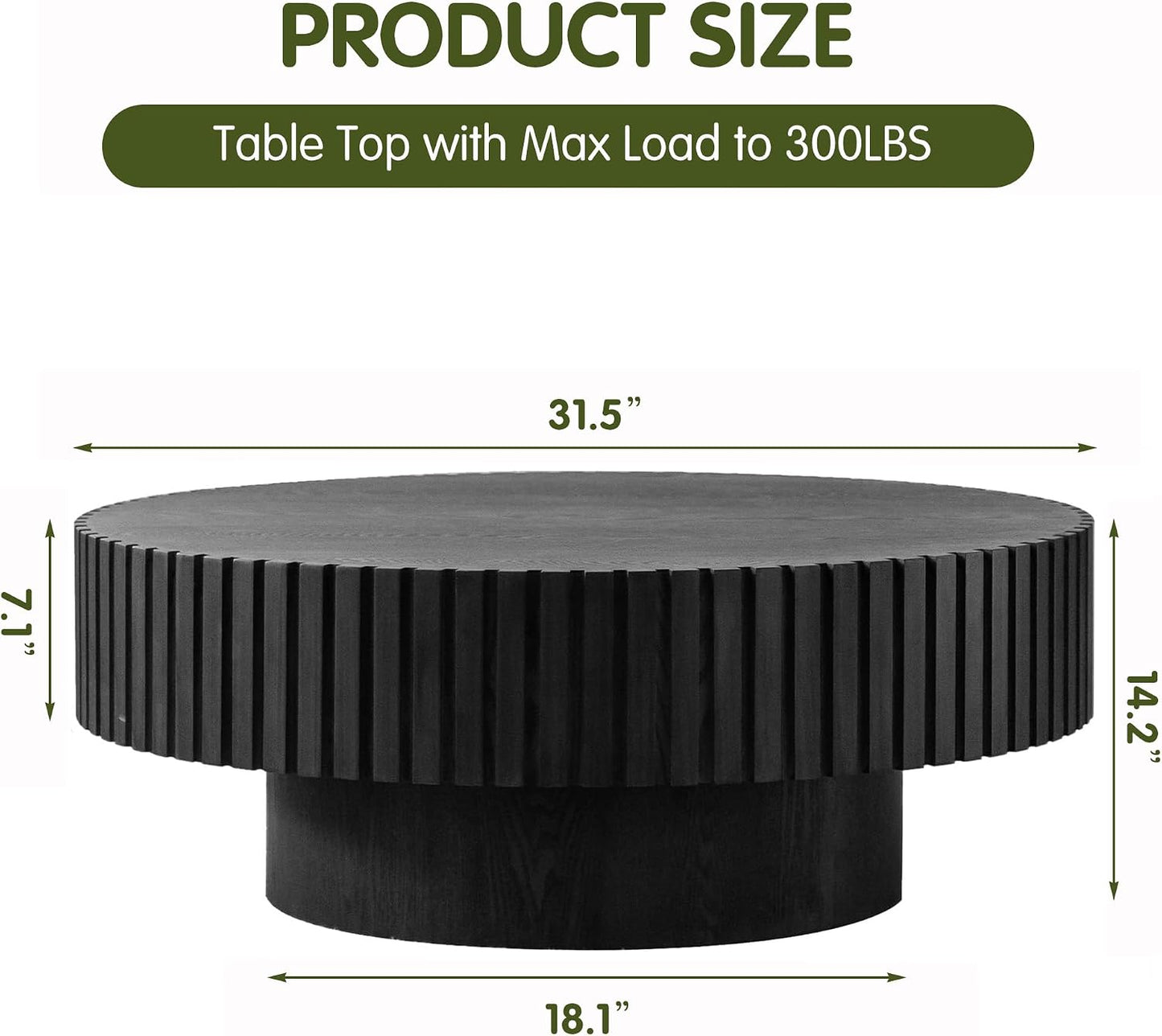 Black Round Fluted Coffee Table for Living Room (31" Round Black) | Handcrafted Relief, Circular Wood Drum Coffee Table, for Office Outdoor
