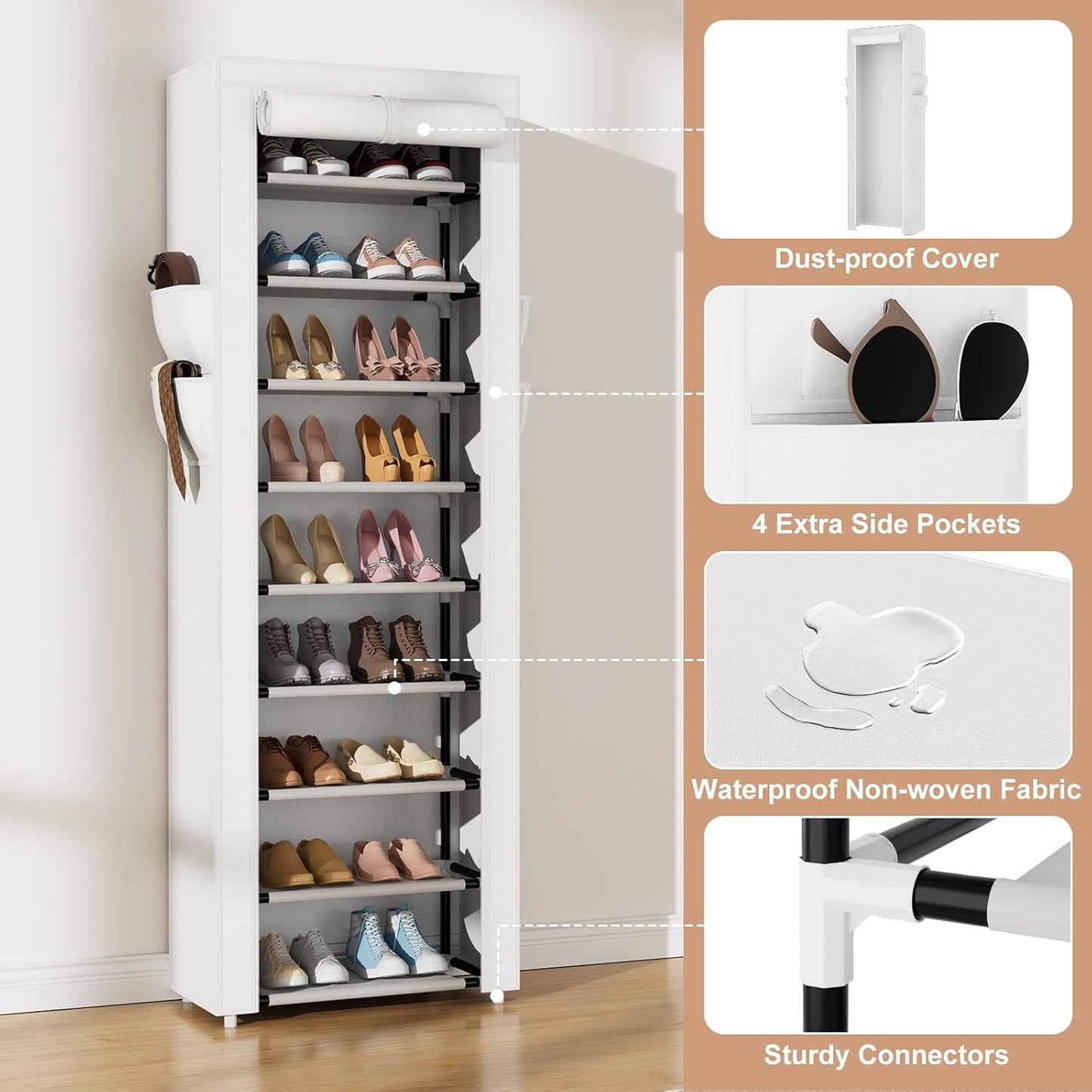 VILICK Shoe Rack with Cover Narrow Shoe Rack Organizer with 4 Side Pockets 10 Tier Tall Shoe Storage Shoe Shelf Holds 18-22 Pairs Shoes and Boots Shoe Rack for Closet, Printing