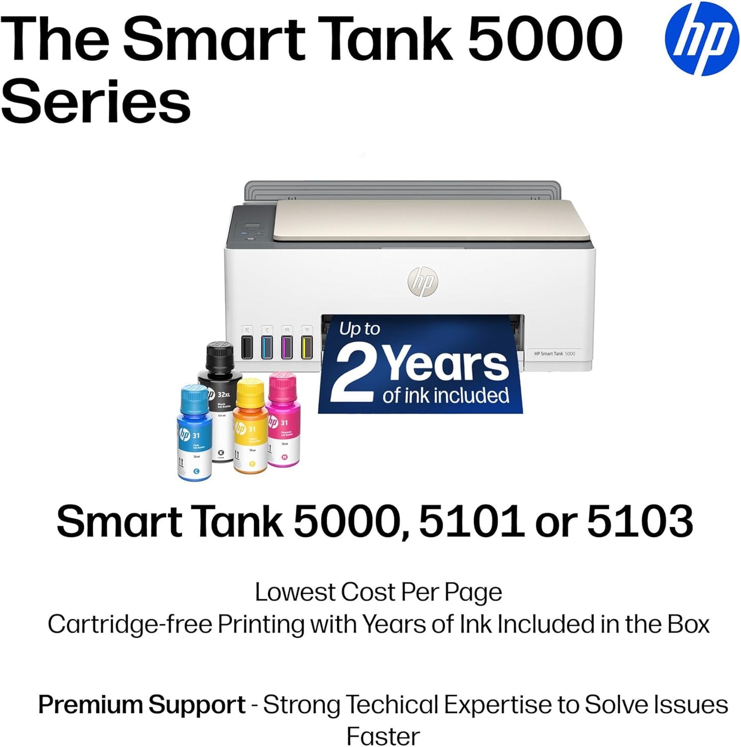HP Smart Tank 5101 Wireless All-in-One Refillable Printer, Scanner, Copier with 2 Years of Ink Included, Wireless (2.4ghz only) Printer-for-Home use (1F3Y0A)
