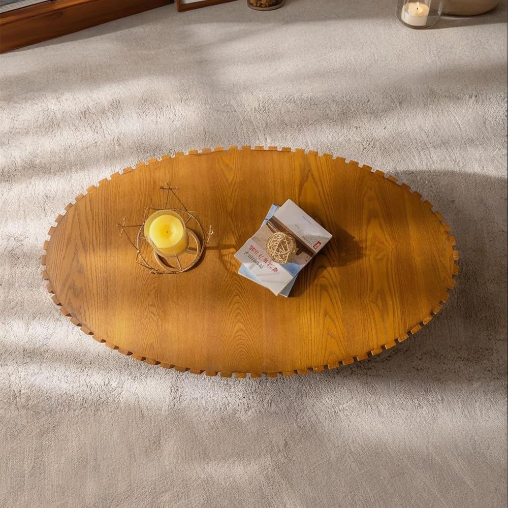 Oval Fluted Coffee Table (Oval Wood 43.3in) | Drum Coffee Tables for Living Room | Modern Pedestal Center Table
