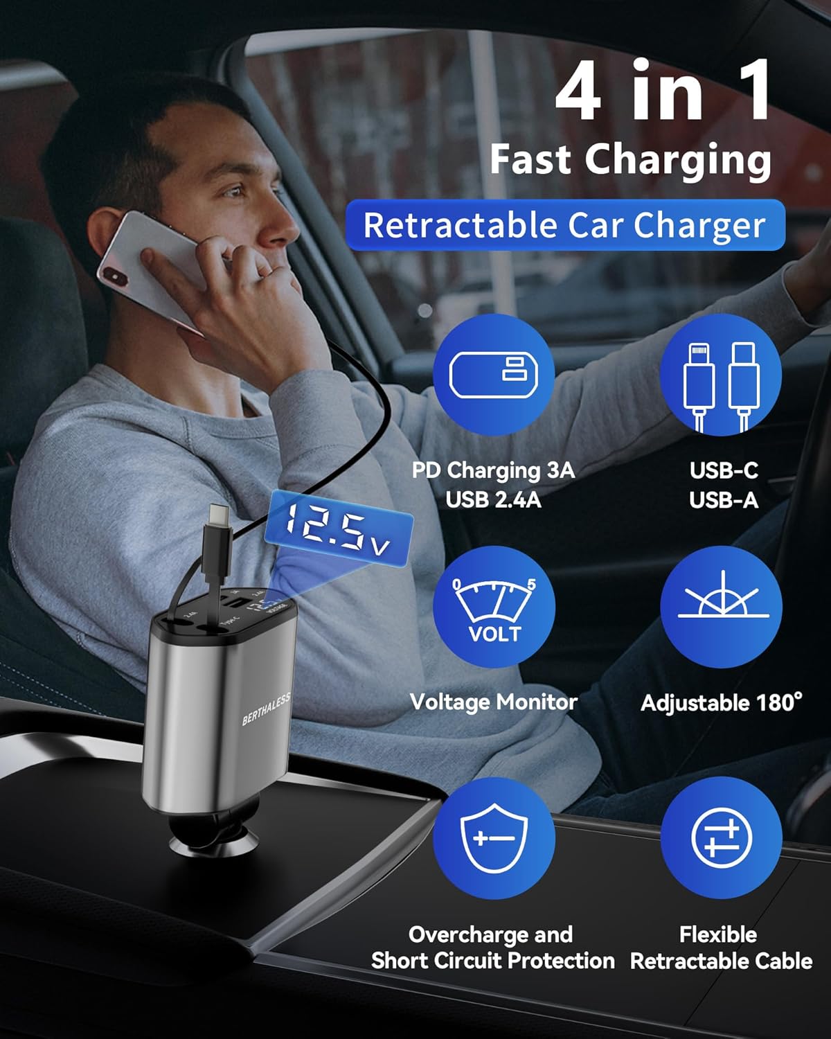 BERTHALESS Retractable Car Charger, 4 in 1 Fast Charging Car Charger with USB-C & USB-A, Compatible with iPhone 17/16/15/14/13/12/11,Galaxy,Pixel,Car Accessories Gifts for Fathers Day,Husband,Men,Dad