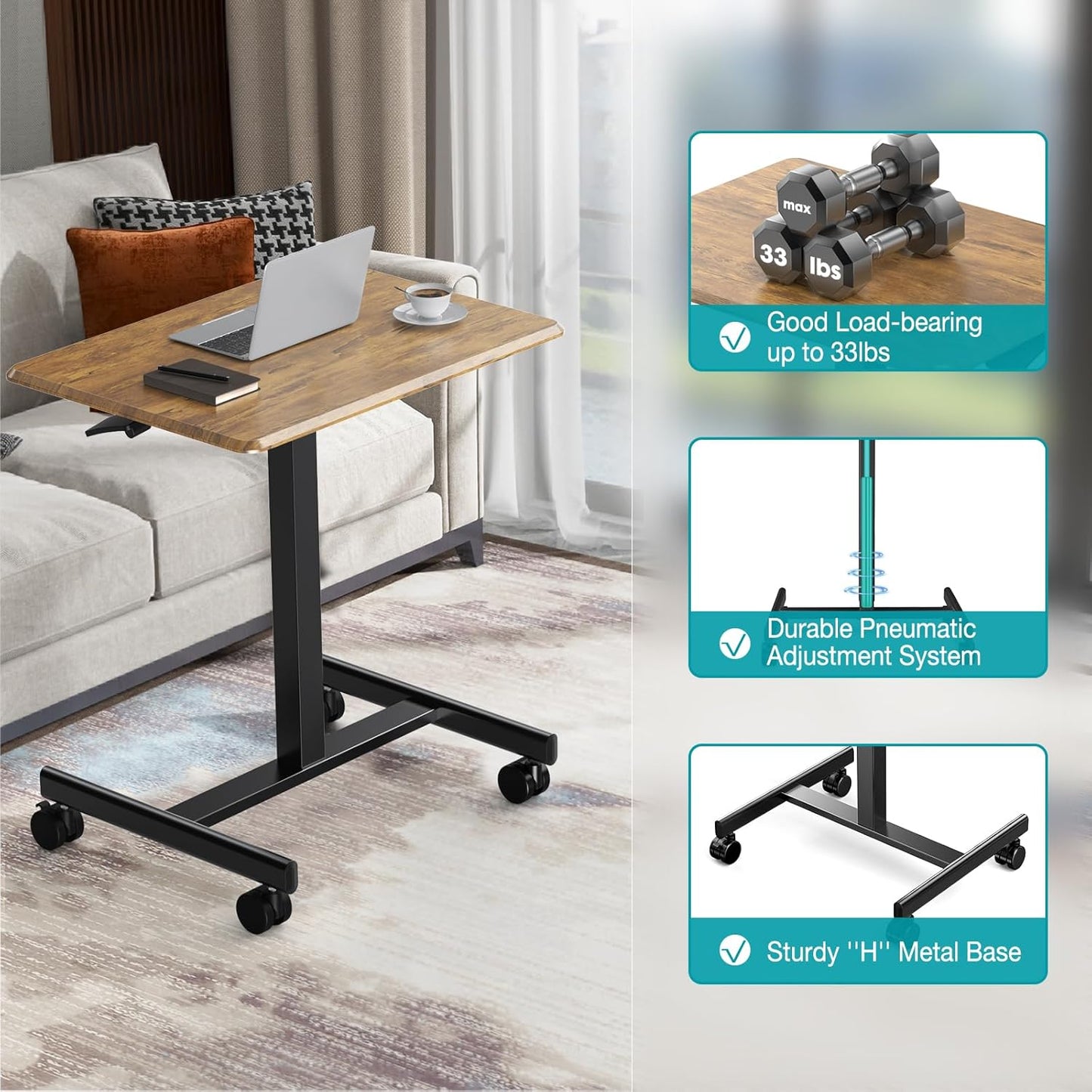DUMOS Small Standing Desk Mobile Portable Rolling Laptop PC Table on Wheels Adjustable Height Computer Workstation for Home Office, 19 Inch, Modern Brown