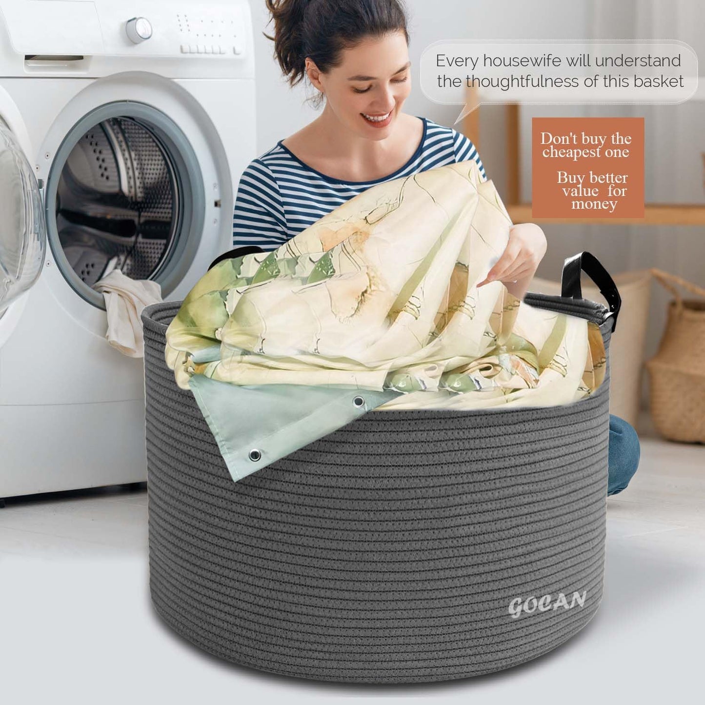 Cotton Rope Woven Laundry Basket 22"X 22"X 14" with handles(Dull grey) XXXL | Hand-woven, ideal for storing blankets and cushions in the living room, and clothes for household storage.
