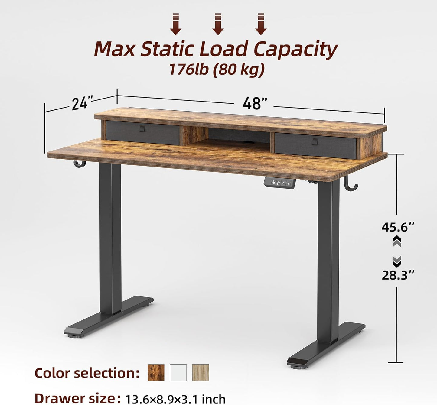 TIQLAB Standing Desk with Two Drawers, Stand Up Standing Desk Adjustable Height, Electric Sit Stand Table with Storage Shelf and Splice Board, 48 * 24 inch, Rustic Brown
