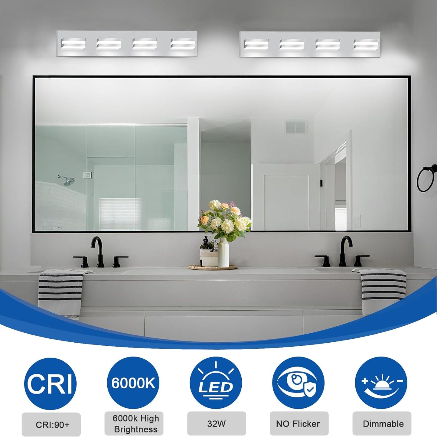IZORRO LED Modern Bathroom Lights Fixtures(4-Light,Dimmable,360°Rotate),Chrome Acrylic Wall Lighting,Vanity Lights for Bathroom Over Mirror - 6000k 24In （No Assembly Required）