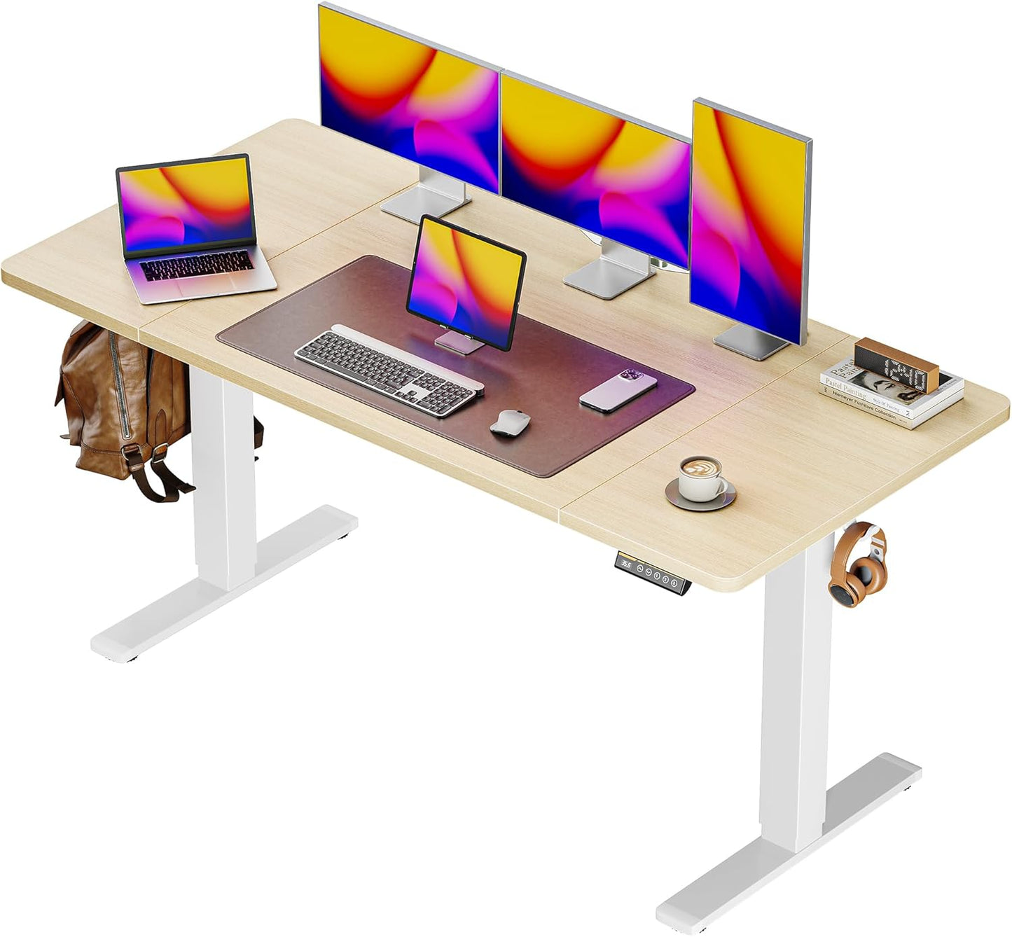 Huuger 55 x 28 Large Electric Standing Desk, Height Adjustable Desk, 27.6" Deep Desktop, Stand up Gaming Computer Office Desk with 2 Hooks, 3 Preset Heights, for Home Office, Maple