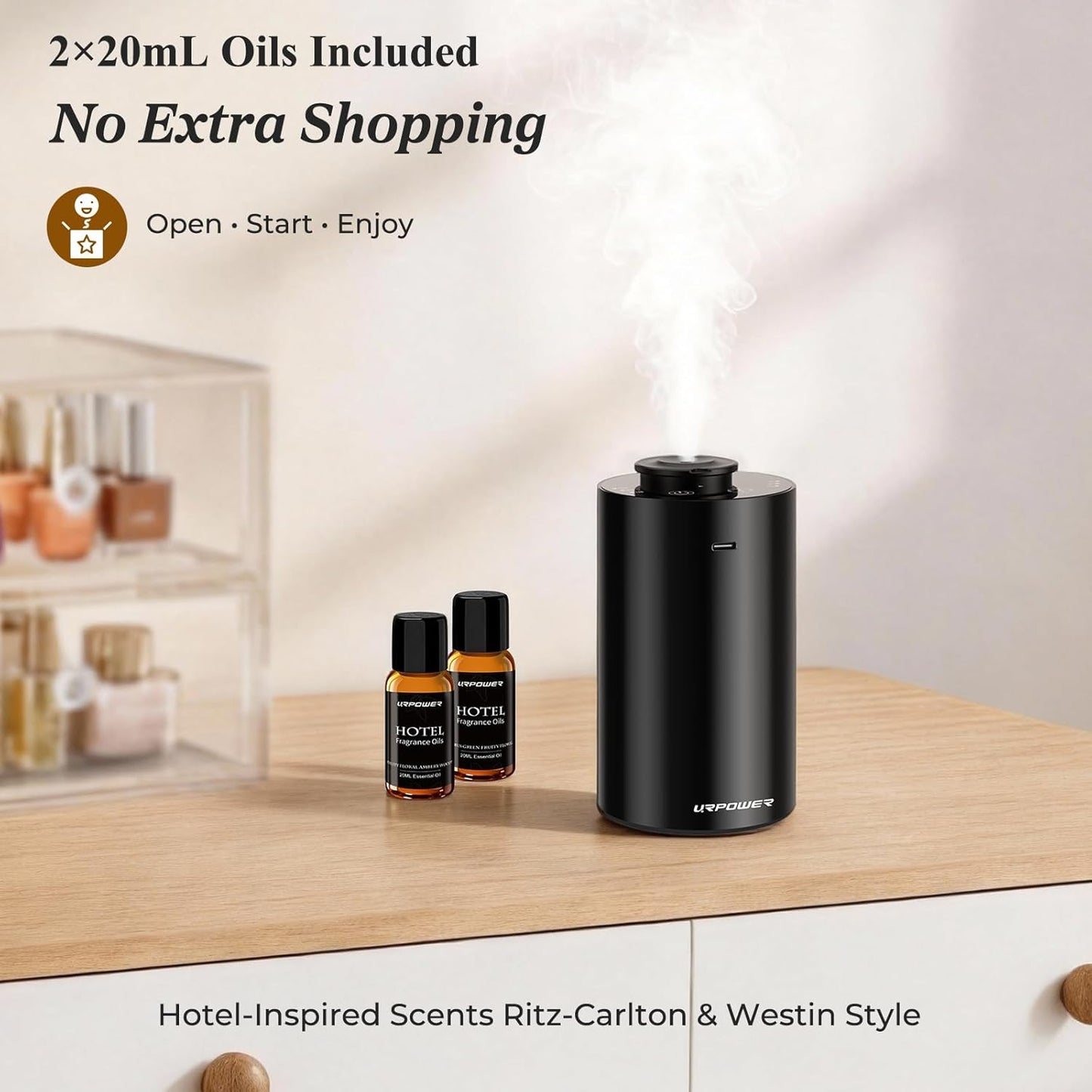 URPOWER Waterless Essential Oil Diffuser: No Water Needed Battery Operated Scent Diffuser - 2 * 20ML Hotel Fragrance Essential Oils - Cordless & Mini Oil Machine Aluminum for Car Home Office(Black)