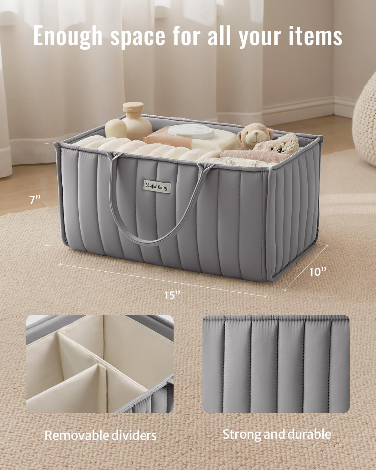 Blissful Diary Baby Diaper Caddy Organizer, Stylish Storage Basket for Newborn Essentials and Diaper Station, Gift for Baby Shower and Registry Must-Have, Light Gray