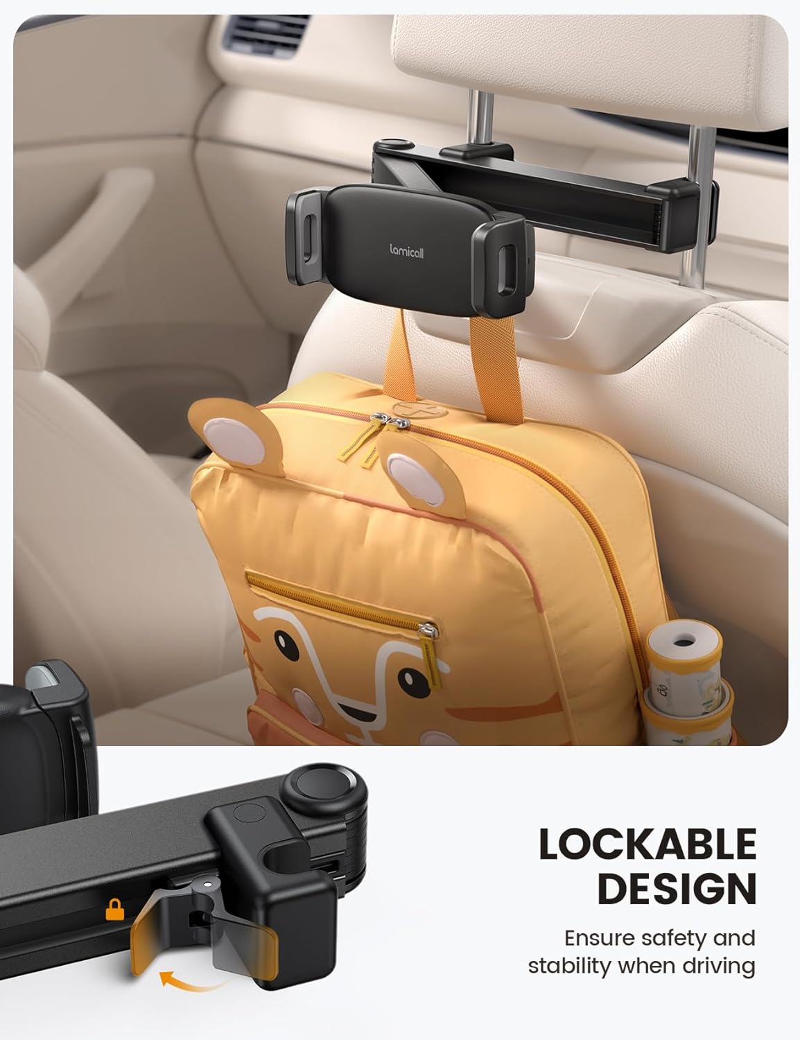 Lamicall Car Headrest Tablet Holder - [Lockable] [3 in 1 Extension Arm] Upgrade Tablet Mount for Car Backseat, Gifts Road Trip Essentials for Kids, for iPad Pro Air Mini, Fire HD, 4.7-13" Tablets